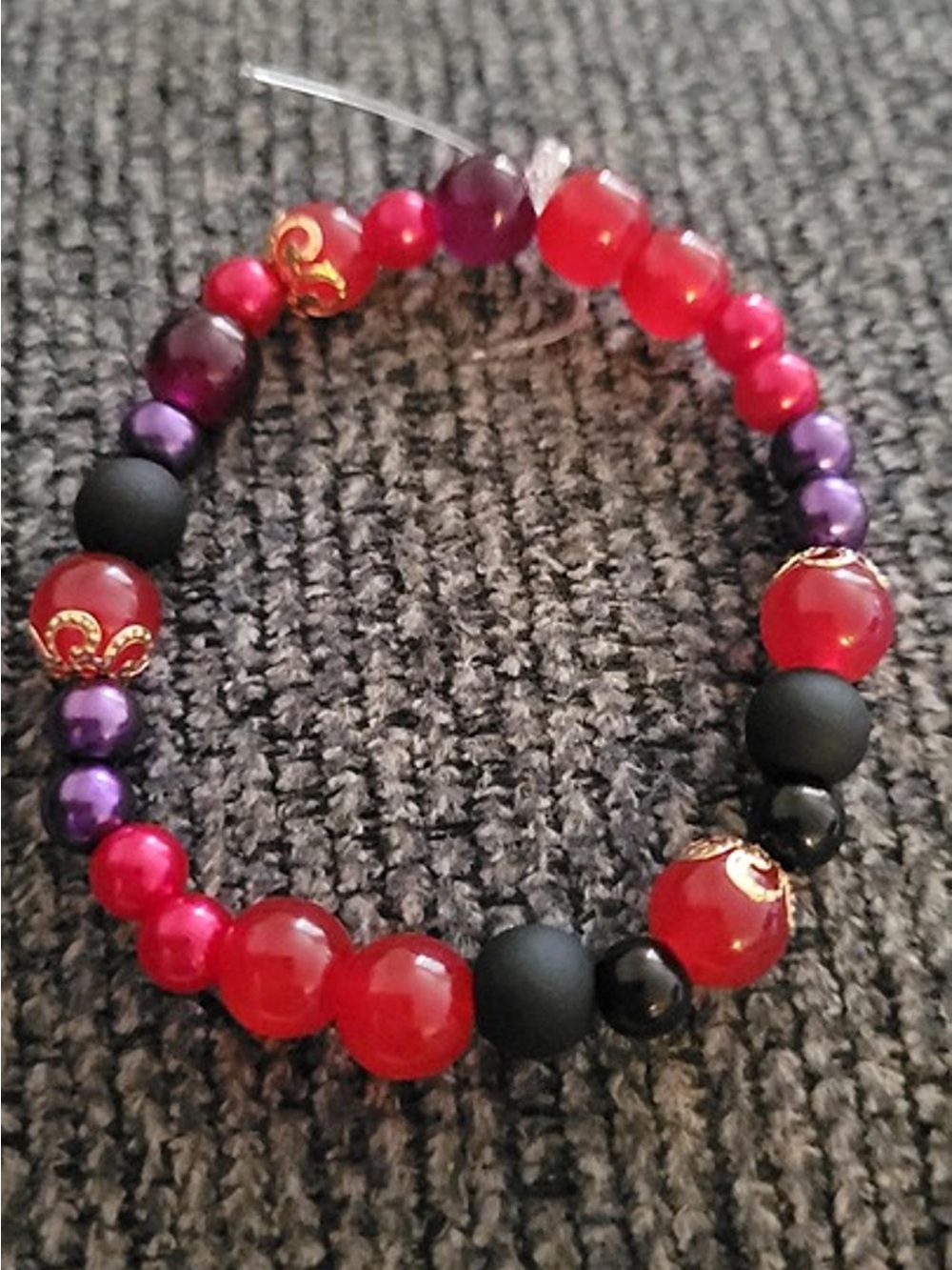 Handcrafted Red, Purple & Black Beaded Stretch Bracelet